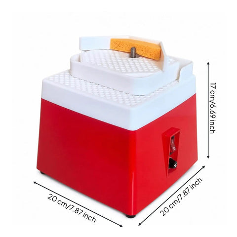 Sleek Compact Electric Grinding Machine And Polisher Shaper With Vertical Spindle For Fine Carving Edging And Component Finishing On Your Hobby Bench Setup That Gets The Job Done Quick Every Single Time You Fire It Up, red design, compact size, showing sponge and spindle.
