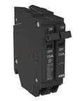 15 Amp Tandem Circuit Breaker 1 Pole 2 Circuits In One Slot For 120 240 Volt Load Centers Thermal Magnetic Plug On Breaker With 10 kAIC Interrupt Rating Heavy Duty Durable Residential And Commercial Electrical Protection You Can Trust. black 15A ABB tandem breaker with dual ON/OFF handles
