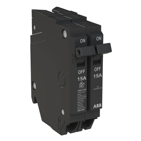 15 Amp Tandem Circuit Breaker 1 Pole 2 Circuits In One Slot For 120 240 Volt Load Centers Thermal Magnetic Plug On Breaker With 10 kAIC Interrupt Rating Heavy Duty Durable Residential And Commercial Electrical Protection You Can Trust. black 15A ABB tandem breaker with dual ON/OFF handles