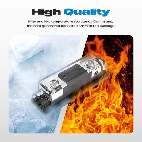 250 Amp ANL Fuse Holder Inline 0 2 4 Gauge AWG For Your Car Audio Rig With Easy Install Two Screw Holes Secure Mount Great For Cars Trucks Boats Durable Construction For Long Lasting Performance In Harsh Road And Marine Conditions. inline fuse holder shown in heat and cold resistance graphic