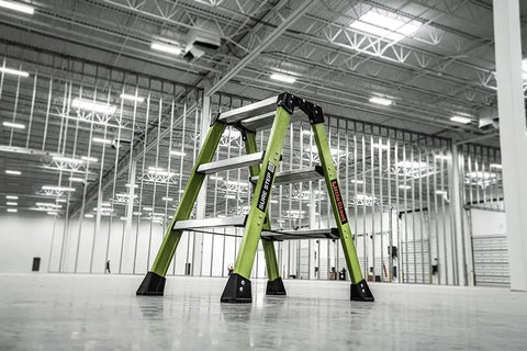 Sure Step 3 Step Double Sided Fiberglass Ladder Workhorse with Quick Setup Nylon Spreader Straps in industrial setting