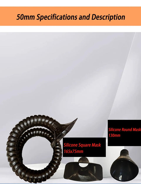 Silicone masks displayed with specifications, including a flexible silicone gooseneck for welding applications.