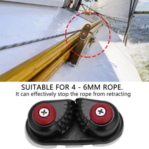 Aluminum Cam Cleat for Boats and Canoes No Fuss Quick Entry Rope Cleat With Low Wear Ball Bearing Lightweight Deck Hardware for 4 to 6 mm Rope Easy Line Engagement and Release Durable Sailing Equipment shown on a boat deck.
