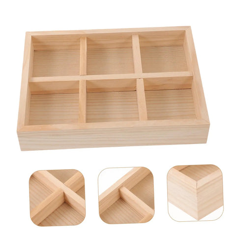 Six Compartment Wood Jewelry Tray With Multi Grid Layout For Rings And Bracelets Rustic Countertop Trinket Dish Keeps Your Bling Secure And Neat Super Handy Desktop Organizer For Home Or Kitchen. Light wood tray with six sections.