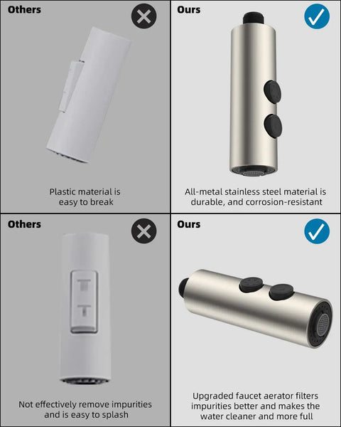 Heavy Duty Stainless Steel Kitchen Faucet Head Replacement Built For No Sweat Upgrades, showing durable stainless steel spray nozzle contrasting with plastic models.
