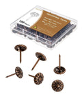 Killer Red Copper Upholstery Tacks With Classic Daisy Pattern For Furniture Restoration 100 Piece Pack displayed in a box.