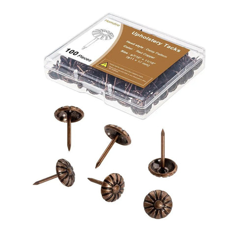 Killer Red Copper Upholstery Tacks With Classic Daisy Pattern For Furniture Restoration 100 Piece Pack displayed in a box.