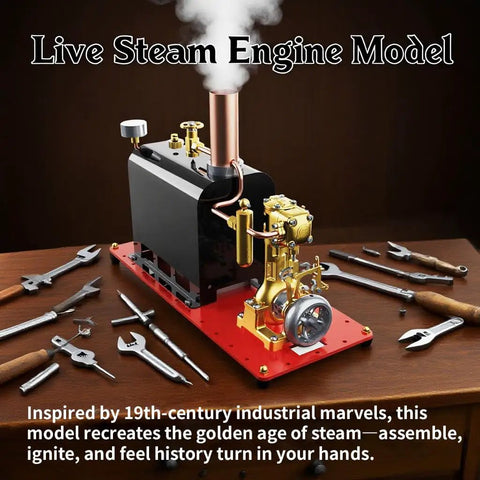 Mini Live Steam Engine Kit with copper boiler, reversible reciprocating single cylinder, CNC machined parts on a table.