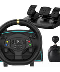 1080 Degree Magnetic Induction Racing Wheel with 6 Speed H Pattern Shifter, plug-and-play pedals, dual motor vibration, detachable head.