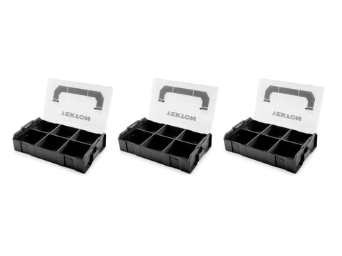 Black Mini Stacking Tool Box With Dividers 3-Piece Set For Small Parts And Accessories, open view showing interior compartments