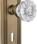 Old School Deco Plate With Crystal Knob Privacy Door Hardware Set, Antique Brass, Solid Forged Brass Plates And Lead Crystal Knobs, Privacy