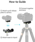 How-to guide showing Arca Swiss Quick Release Plate Adapter Set In Lightweight Aluminum With Built In Bubble Level on a tripod.