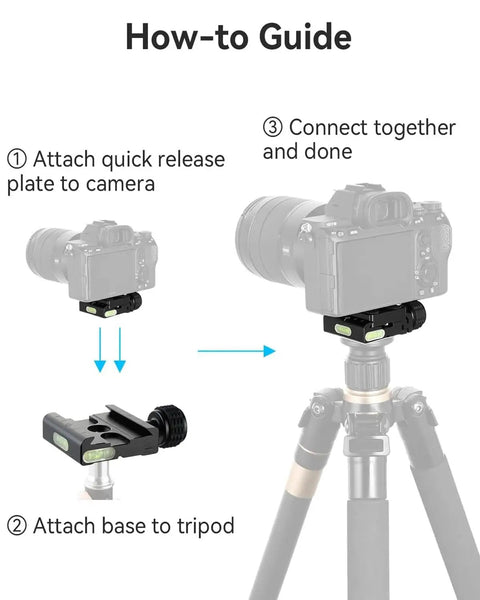 How-to guide showing Arca Swiss Quick Release Plate Adapter Set In Lightweight Aluminum With Built In Bubble Level on a tripod.