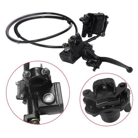 Rear Hand Hydraulic Disc Brake Caliper Assembly With Pads for Chinese ATV Quad Replacement, includes lever and hose.