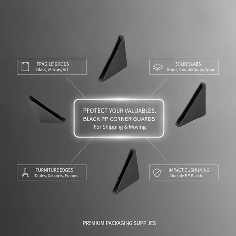 Diagram showing beefy corner protectors for shipping and handling, edge guards for glass and stone slabs with shock absorbing design.