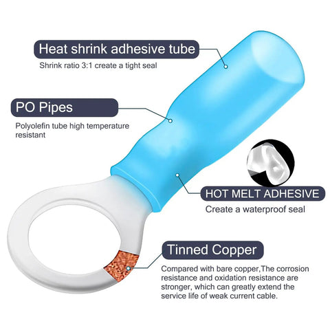 Close-up of heat shrink adhesive tube with tinned copper and hot melt adhesive for waterproof seal in marine environments.