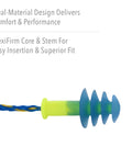 Fusion Corded Reusable Earplugs With Dual Material Construction, blue and yellow earplug, FlexiFirm core, soft outer flanges.