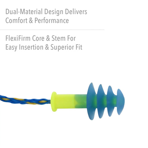 Fusion Corded Reusable Earplugs With Dual Material Construction, blue and yellow earplug, FlexiFirm core, soft outer flanges.