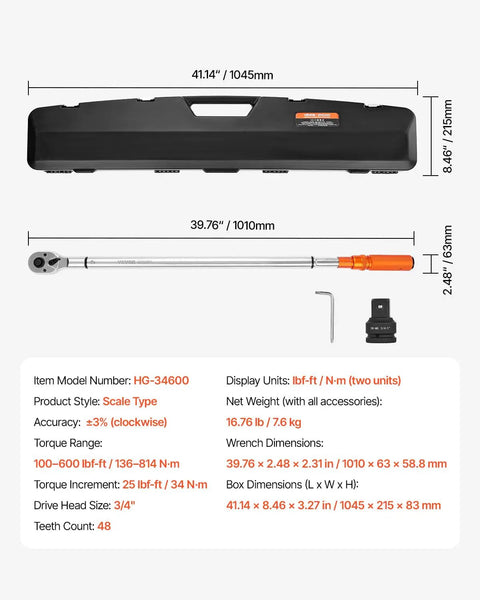 Three Quarter Inch Drive Torque Wrench With 100 To 600 Ft Lb Range and 136 To 814 Nm Calibration Certificate Included, 48 Inch Length, Split Beam, 1 Inch Adapter, shown with case, adapter, and key.