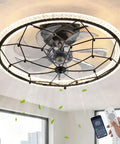 AMZSTAN 20" Caged Ceiling Fan with Light and Remote, 6-Speed Reversible Farmhouse Ceiling Fan with 3 Color Light Settings and 1/2 Hour Timer, Matte Black Industrial Fan for Kitchen Bedroom Living Room with remote control