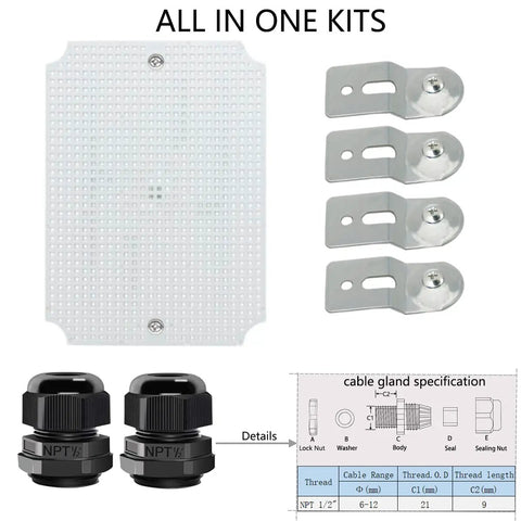 Parts of Outdoor Electrical Box Enclosure With Clear Hinged Cover IP67 Waterproof ABS Project Box Stainless Steel Latch Mounting Kit