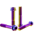 Pack Of 4 Grade 5 Titanium Torx Bolts M10 X 1.25 Pitch Brake Caliper Screws Dual Drive Flange Head in assorted lengths.
