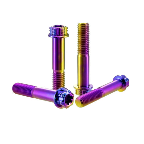 Pack Of 4 Grade 5 Titanium Torx Bolts M10 X 1.25 Pitch Brake Caliper Screws Dual Drive Flange Head in assorted lengths.