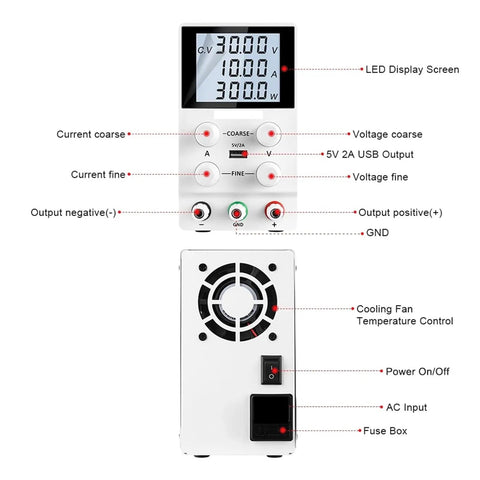 Adjustable AC DC Power Supply For Repair Pros And DIYers PCB And Phone Fixes Portable With 4 Digit LED Display Front and Back View