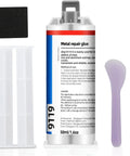 Beefed Up Heavy Duty Metal Repair Epoxy Glue 1.6 Oz For Metal Aluminum Steel Stone And Plastic All Purpose Adhesive With Industrial Strength Bond For Filling Cracks Chips Holes And Deep Scratches shown with applicator tools and accessories.