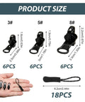 Universal Zipper Repair Kit With Metal Sliders In Small Medium And Large Sizes, 18 Piece Set With Six Pulls Each, displayed