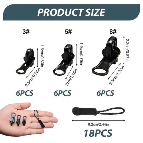 Universal Zipper Repair Kit With Metal Sliders In Small Medium And Large Sizes, 18 Piece Set With Six Pulls Each, displayed