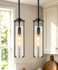 SeeU 2-Pack Black Pendant Light Kitchen Island, Crackle Glass Light Fixture hanging over kitchen counter with soft glow.