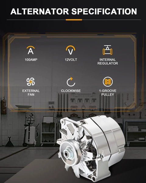 High Output 100 Amp One Wire Alternator Replacement For GM 305 350 SBC Small Block And Big Block V8, showing alternator specifications