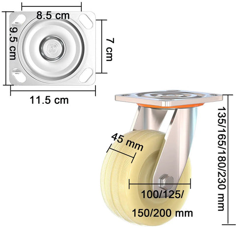 Dimensions of heavy duty swivel caster wheels with brakes for furniture and workbenches, galvanized bracket, nylon wheels