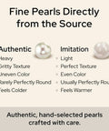 Comparison between authentic and imitation pearls highlighting texture, color, and temperature differences, with text descriptions.