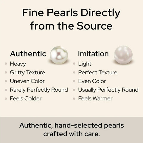 Comparison between authentic and imitation pearls highlighting texture, color, and temperature differences, with text descriptions.