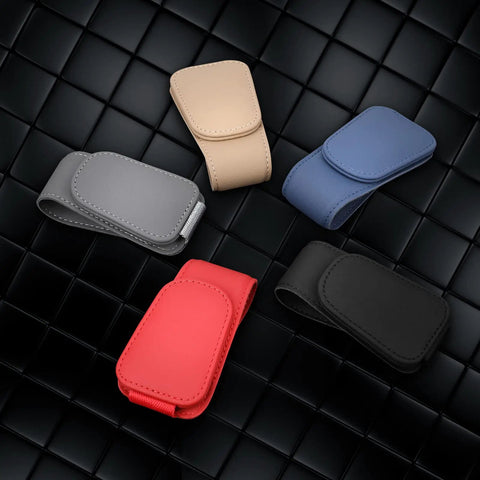 Heavy Duty Magnetic Sunglass Holder For Car Sun Visor With Secure Snap Clip And Soft Leather Wrap, shown in assorted colors on a black background.