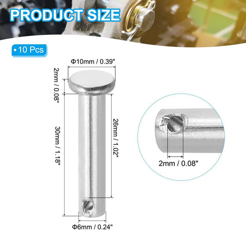 Single Hole Clevis Pins 6 X 30 Millimeters, 304 Stainless Steel, Flat Head, Heavy Duty Build, 10 Pack for Hitch Pin Lock