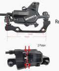 Grip Tight Rear Hydraulic Disc Brake Two Piston Caliper With 1400mm Hose Line For Mountain Bikes Fits 160mm Rotor top and side view with dimensions.