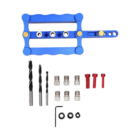 Adjustable Dowel Jig Kit Featuring Self Centering Guide For Dead Straight Drill Lines includes blue drill guide, drill bits, and fittings.