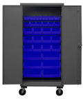 Top Shelf Industrial Rolling Steel Storage Cabinet Built Straight Up With Thirty Blue Sorting Bins Secure Locking Doors And Smooth Caster Wheels For Garage Organization, open view showing blue bins.