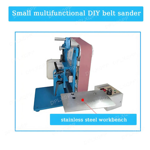 Pro Grade 1100 Watt Brushless Belt Sander With Vertical And Horizontal Adjustments Ironclad Steel Chassis showing stainless steel workbench.