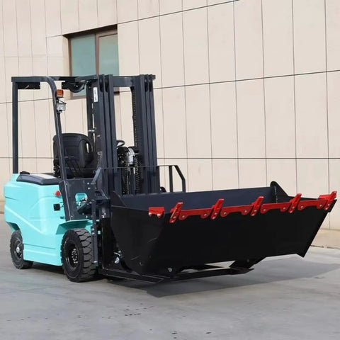 Top Rated Portable Electric Forklift Pallet Stacker With 4-Way Counterbalance Lift Truck, large black bucket attachment, heavy-duty design.