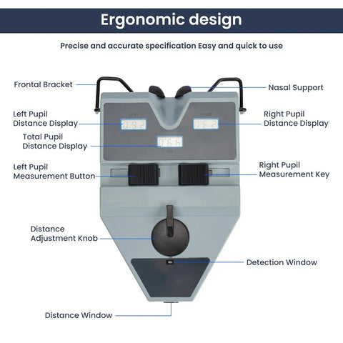 Digital Pupil Distance Meter PD Meter With Pupilometer For Eyeglasses Optical Precision Tool High Accuracy PD Measurement Electronic Pupil Distance Gauge Eye Care Instrument With Smart Sensor showing labeled displays and controls
