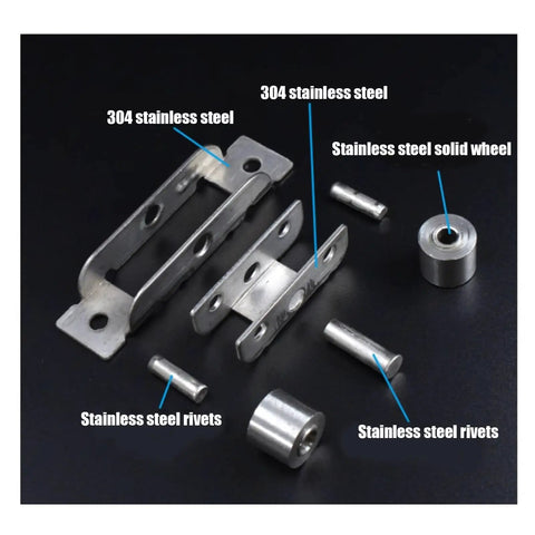 88 Double Concave Pulleys and 77 Double Flat Rollers for Sliding Door and Window Tracks 16mm Stainless Steel Replacement Hardware parts laid out.