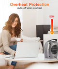 Silver Compact Ceramic Space Heater with Overheat Protection beside woman in office setting