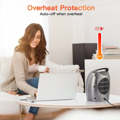 Silver Compact Ceramic Space Heater with Overheat Protection beside woman in office setting