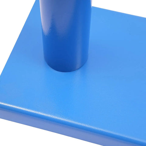 Close-up of blue base and pole of Industrial Workhorse Stretch Film Dispenser for pallet wrapping.