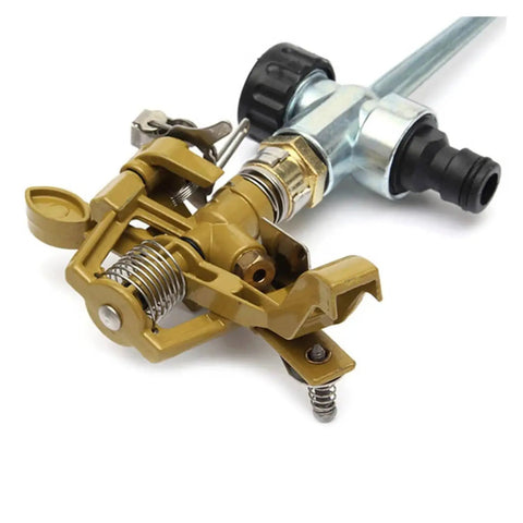 Close-up of Game Changing Garden Sprinkler With 360 Degree Rotating Irrigation System, metal construction