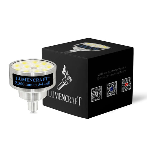LED conversion kit with 12 emitters for Maglite 3-4 D cell flashlights, labeled 'Beef Up Your Maglite With a 2500 Lumen LED Conversion Kit Featuring 12 LED Emitters Replacement Module Fits 3 or 4 D Cell Flashlights High Power Beam Upgrade For Long Reach and Wide Flood' next to black packaging.